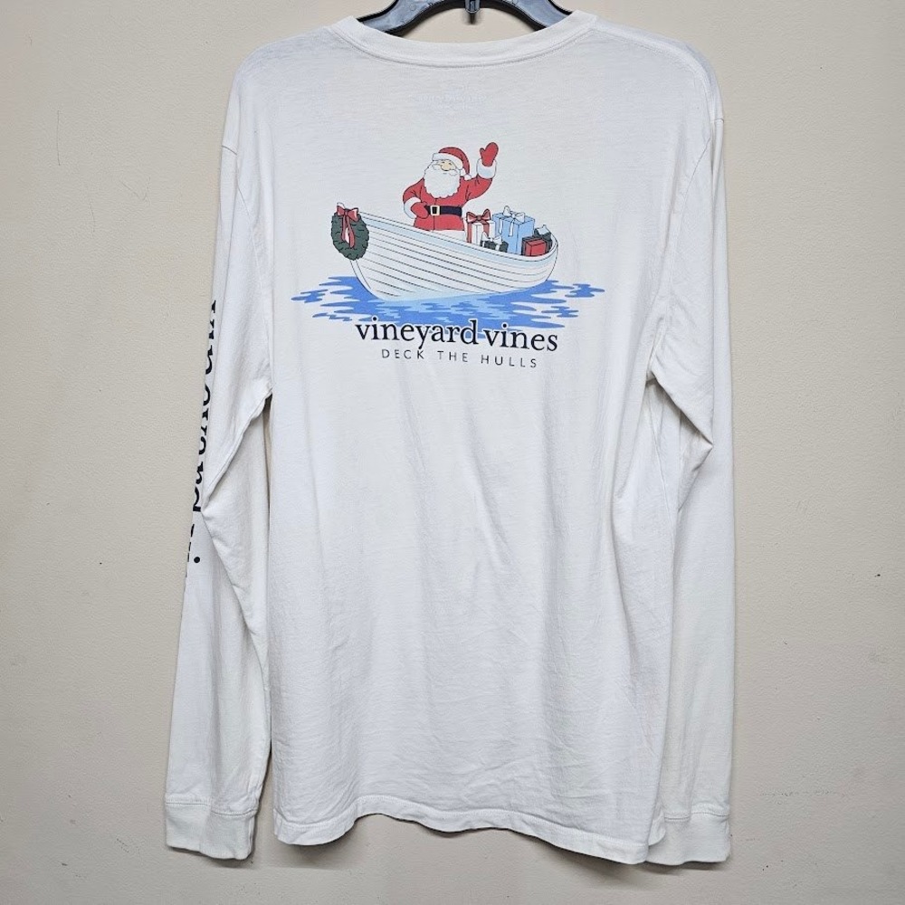 Vineyard Vines‎ Deck the Hulls Santa Boat Long Sleeve Tee White Medium
